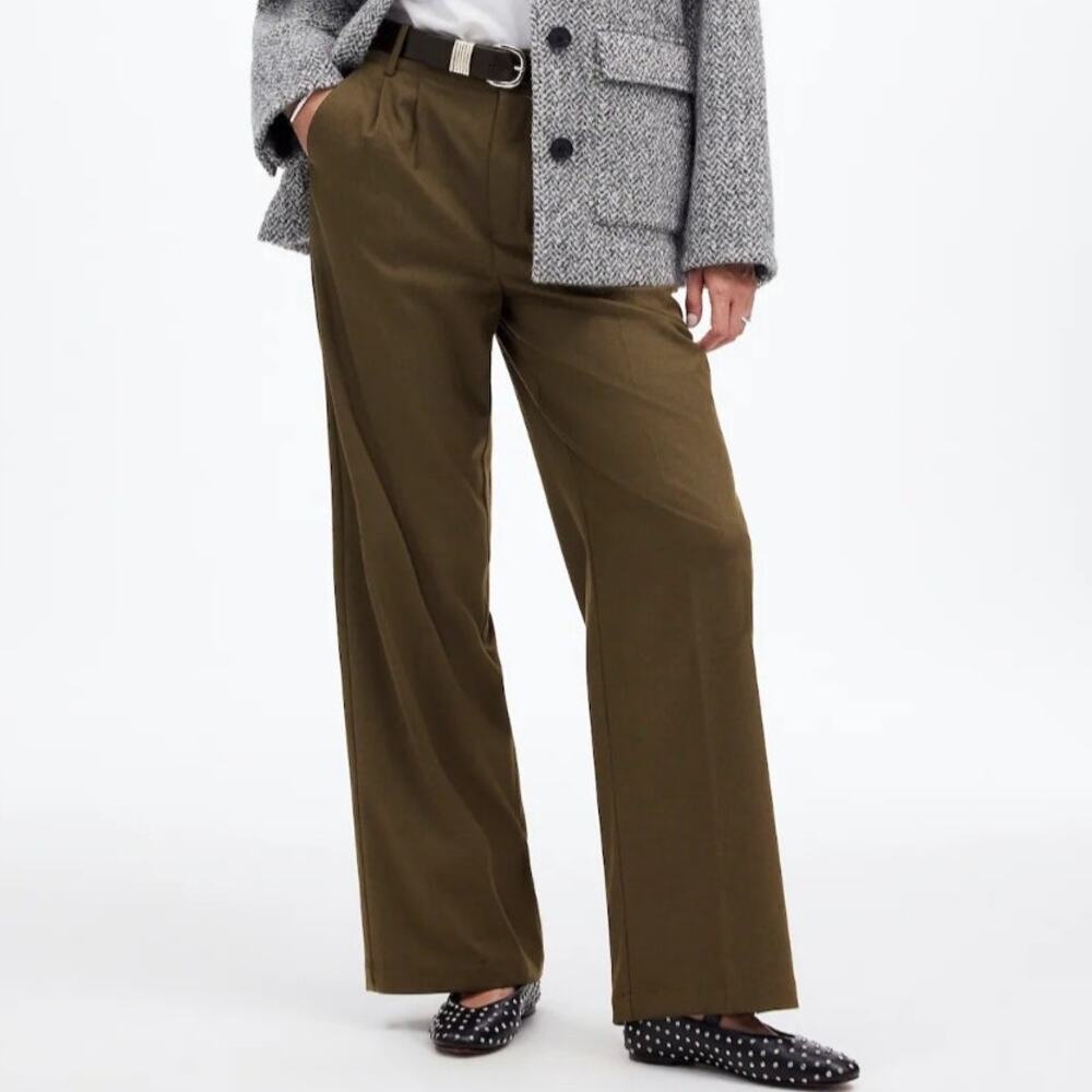 Madewell Harlow Wide Leg Trouser Pants Brushed Twill Olive Green Pleated  XS 2